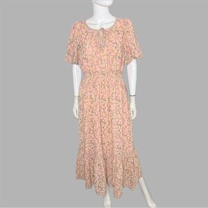 Max Studio Coral Tossed Medow Bubble Sleeve Tiered Maxi‎ Dress